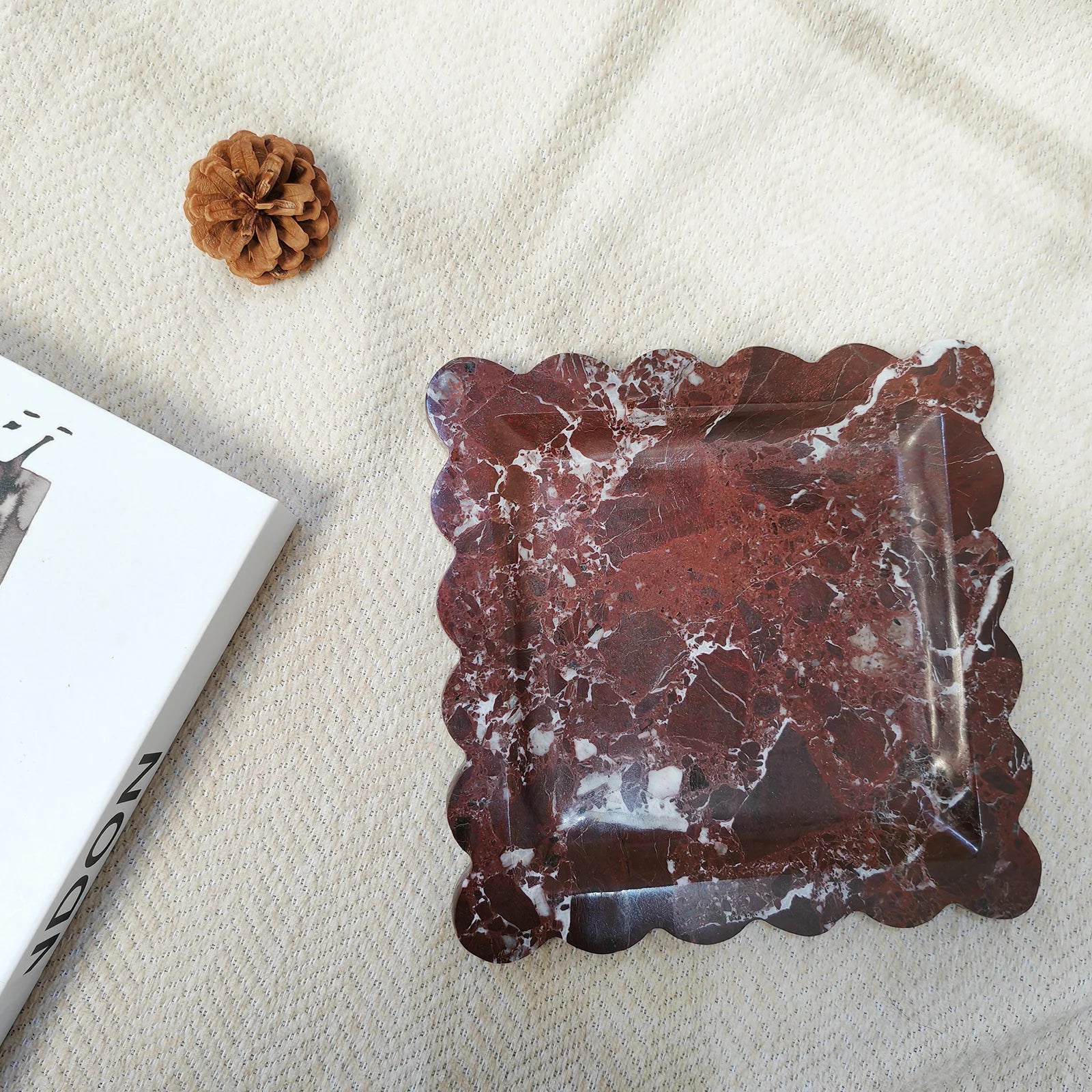 Decorative Travertine Tray, Square Scalloped Edge Natural Stone Jewelry Organizer, Home Decor Storage for Keys Rings Essentials